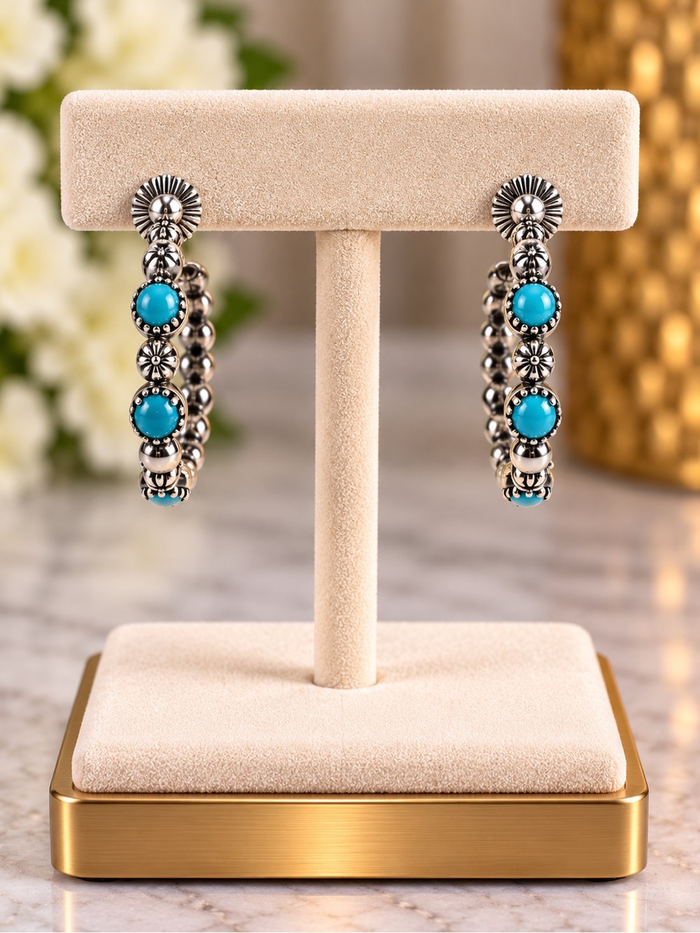 American West NIB Sleeping Beauty Turquoise Sterling Silver Concha Hoop Earrings